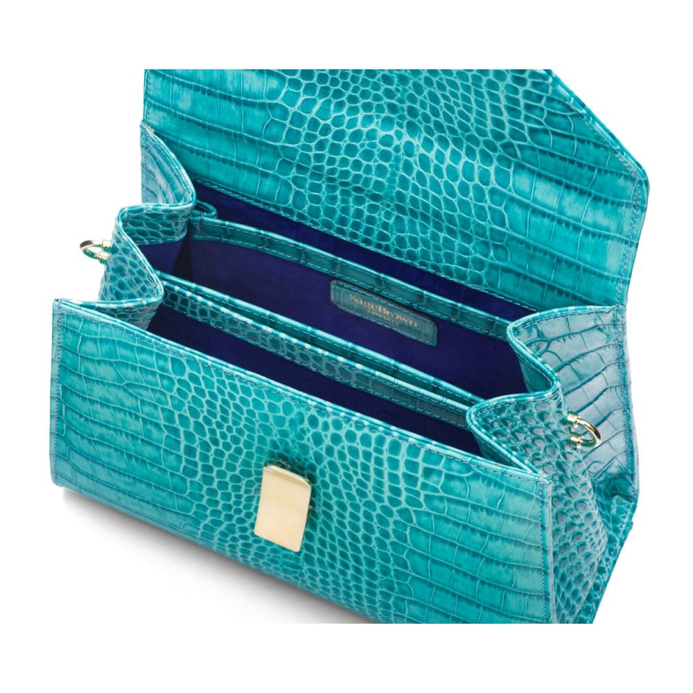 Leather top handle bag, turquoise croc, inside