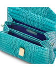 Leather top handle bag, turquoise croc, inside