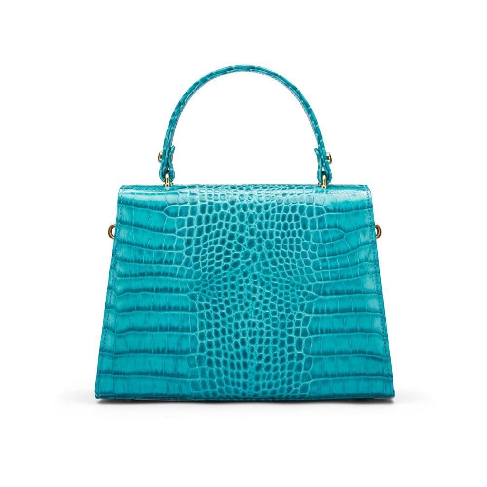Leather top handle bag, turquoise croc, back