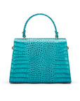 Leather top handle bag, turquoise croc, back