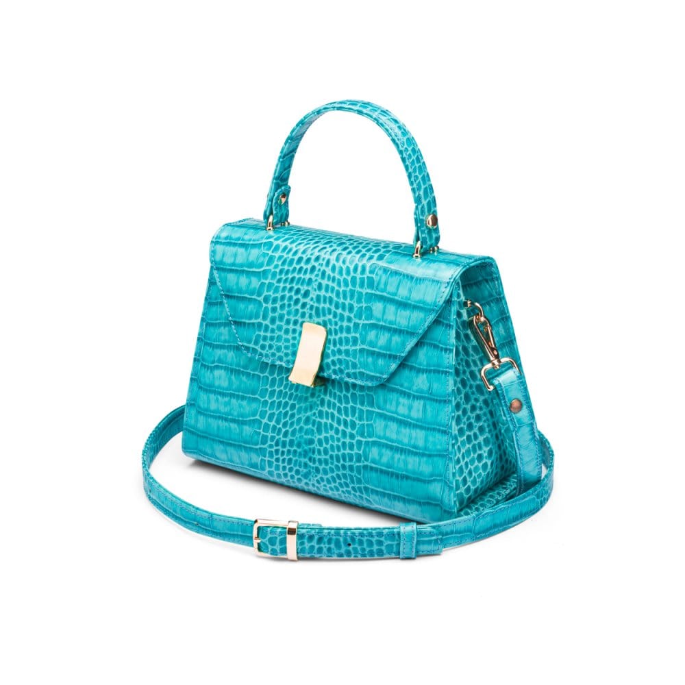 Leather top handle bag, turquoise croc, side