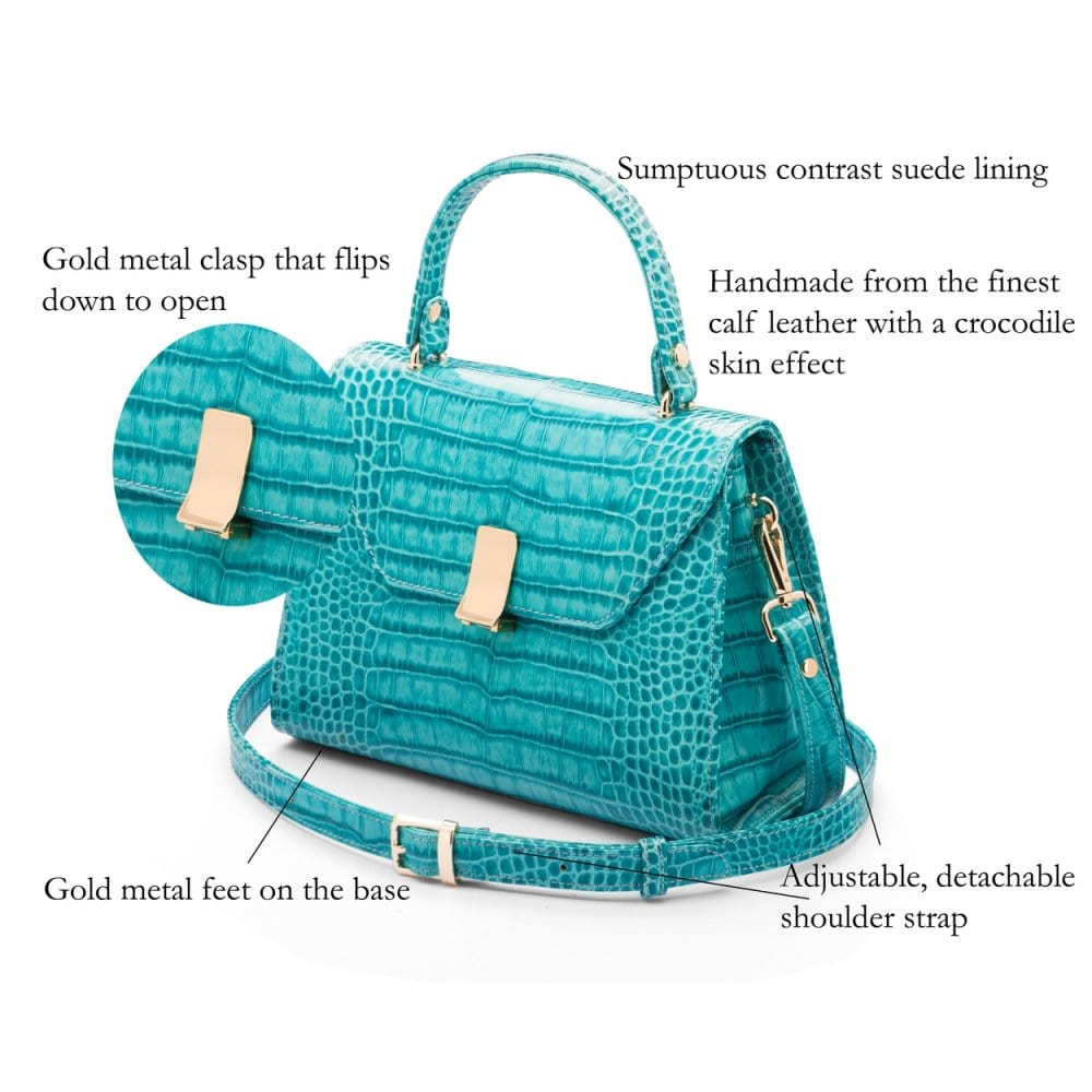 Leather top handle bag, turquoise croc, features