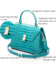 Leather top handle bag, turquoise croc, features