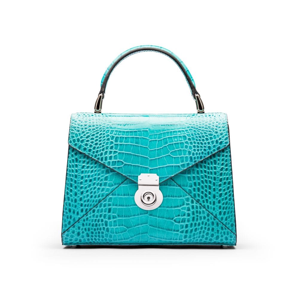 Leather top handle bag, Burnett bag, turquoise croc, front