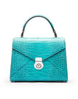 Leather top handle bag, Burnett bag, turquoise croc, front