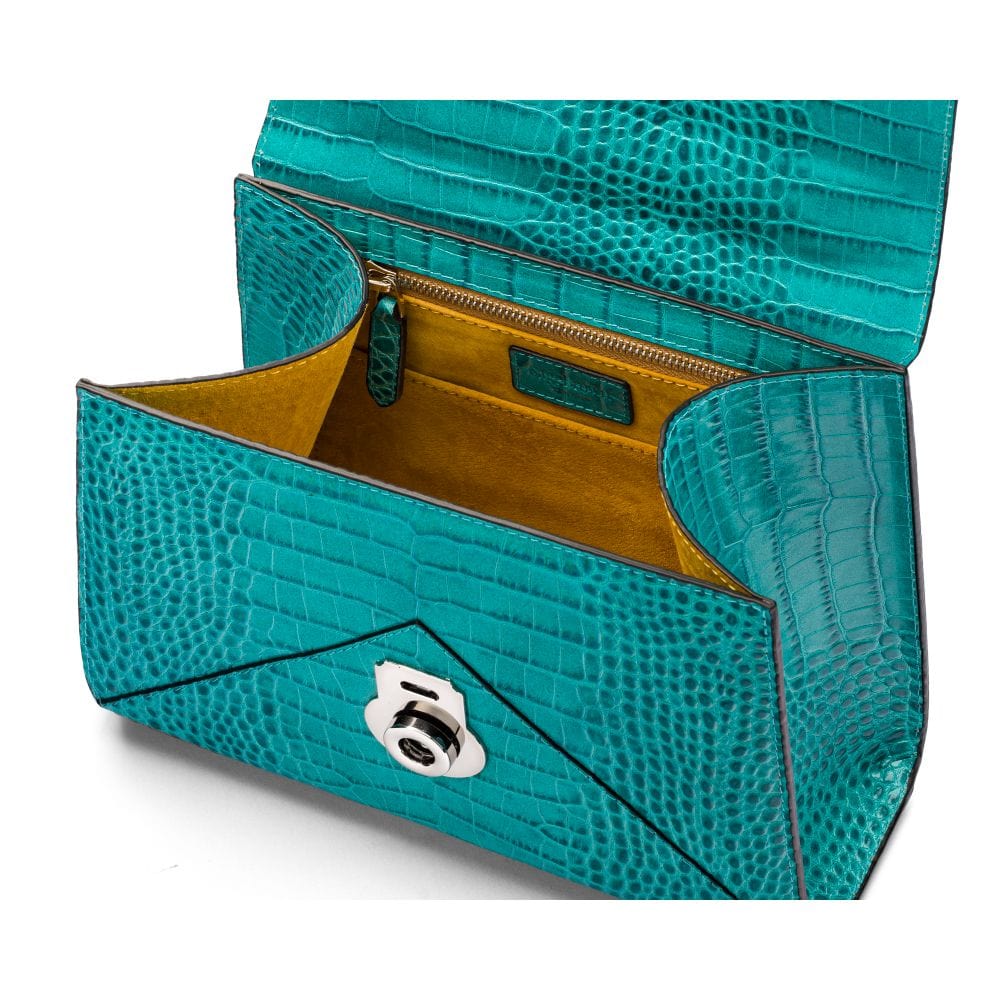 Leather top handle bag, Burnett bag, turquoise croc, inside