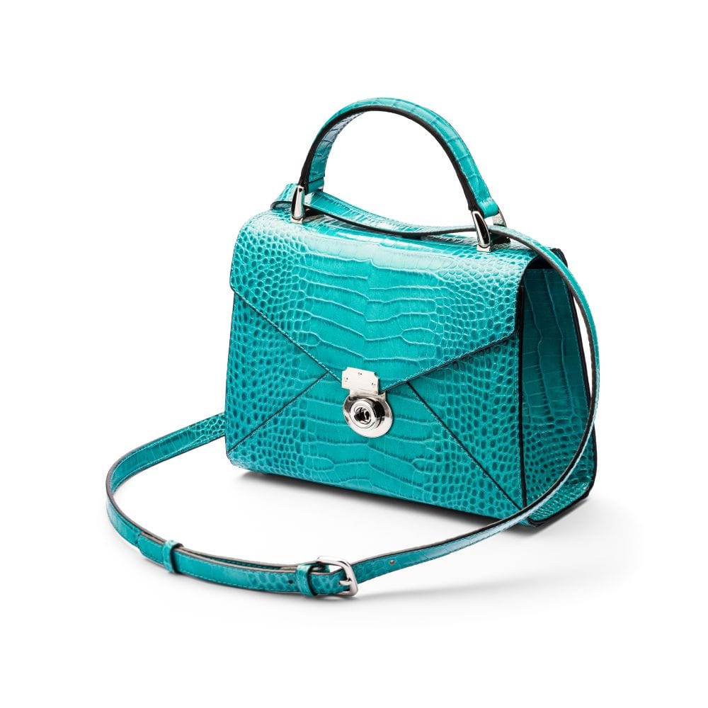 Leather top handle bag, Burnett bag, turquoise croc, shoulder strap