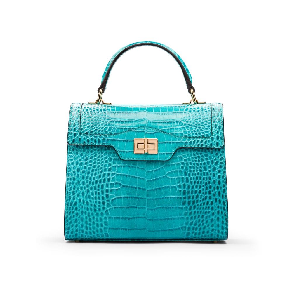 Leather top handle bag, turquoise croc, front view