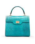 Leather top handle bag, turquoise croc, front view