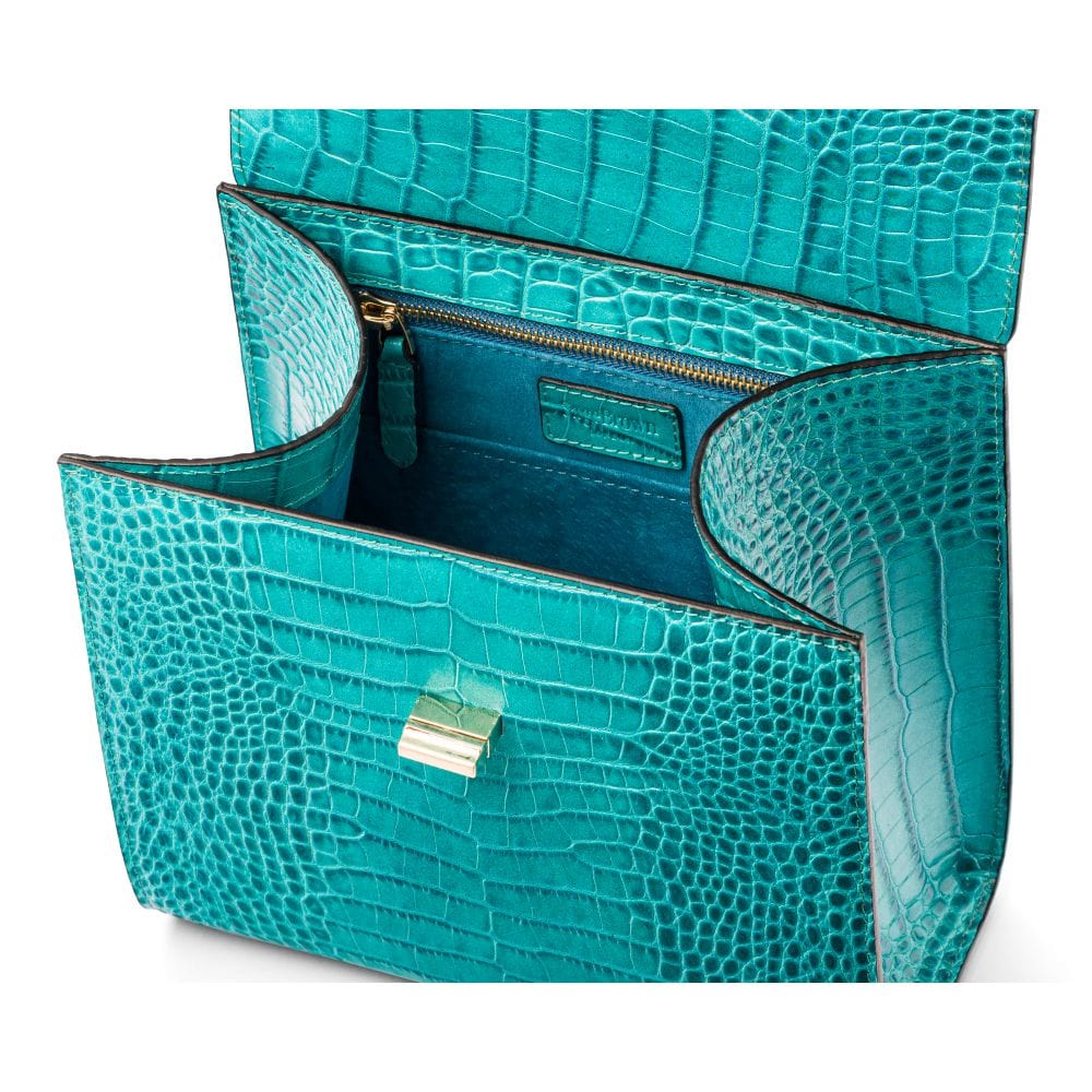 Leather signature Morgan bag, turquoise croc, inside view