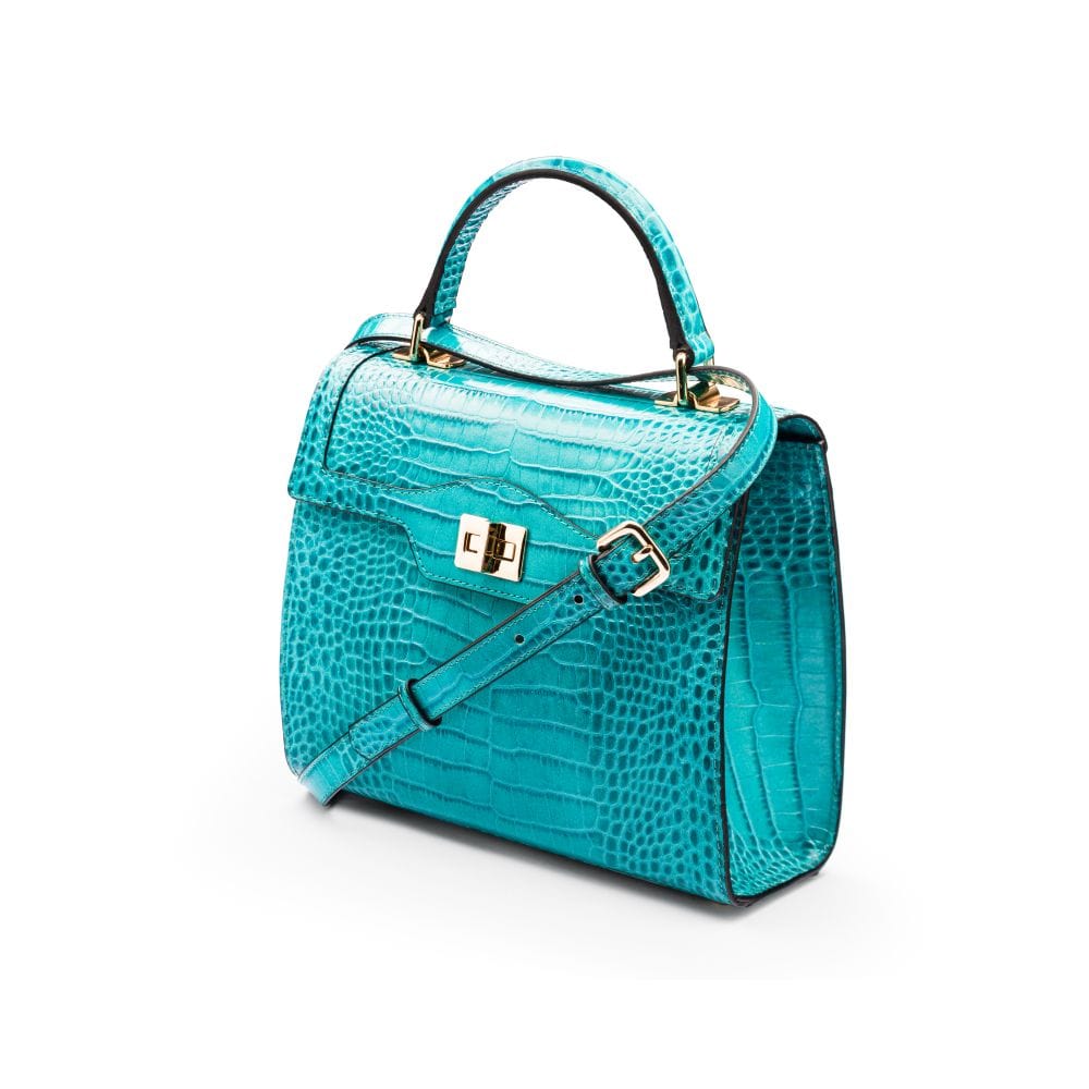 Leather signature Morgan bag, turquoise croc, side view