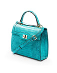 Leather signature Morgan bag, turquoise croc, side view