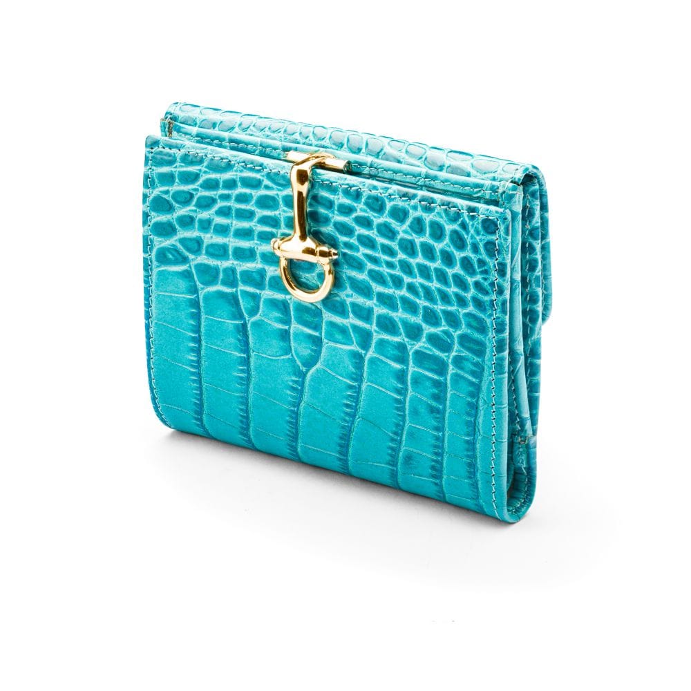 Leather purse with brass clasp, turquoise croc, front view