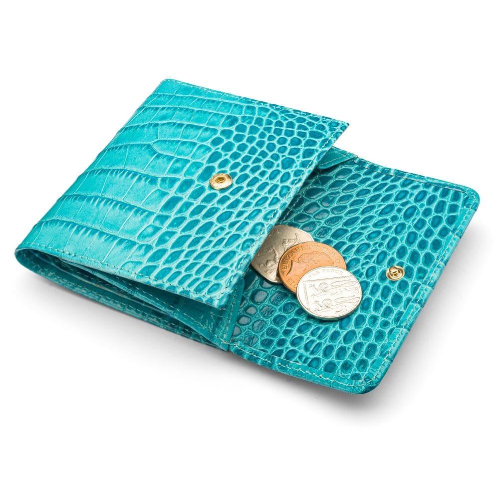 Leather purse with brass clasp, turquoise croc, open