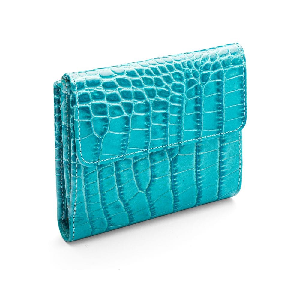Leather purse with brass clasp, turquoise croc, back