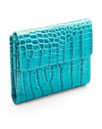 Leather purse with brass clasp, turquoise croc, back