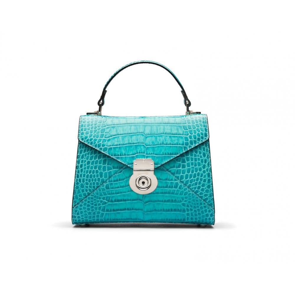 Mini Burnett small top handle bag, turquoise croc, front view