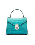 Mini Burnett small top handle bag, turquoise croc, front view