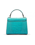 Mini Burnett small top handle bag, turquoise croc, back view