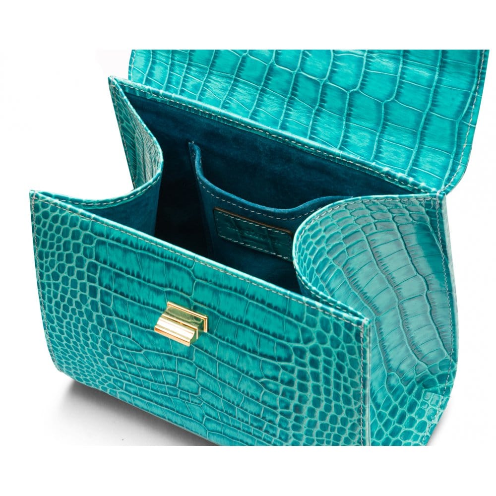 Mini leather Morgan Bag, top handle bag, turquoise croc, inside view