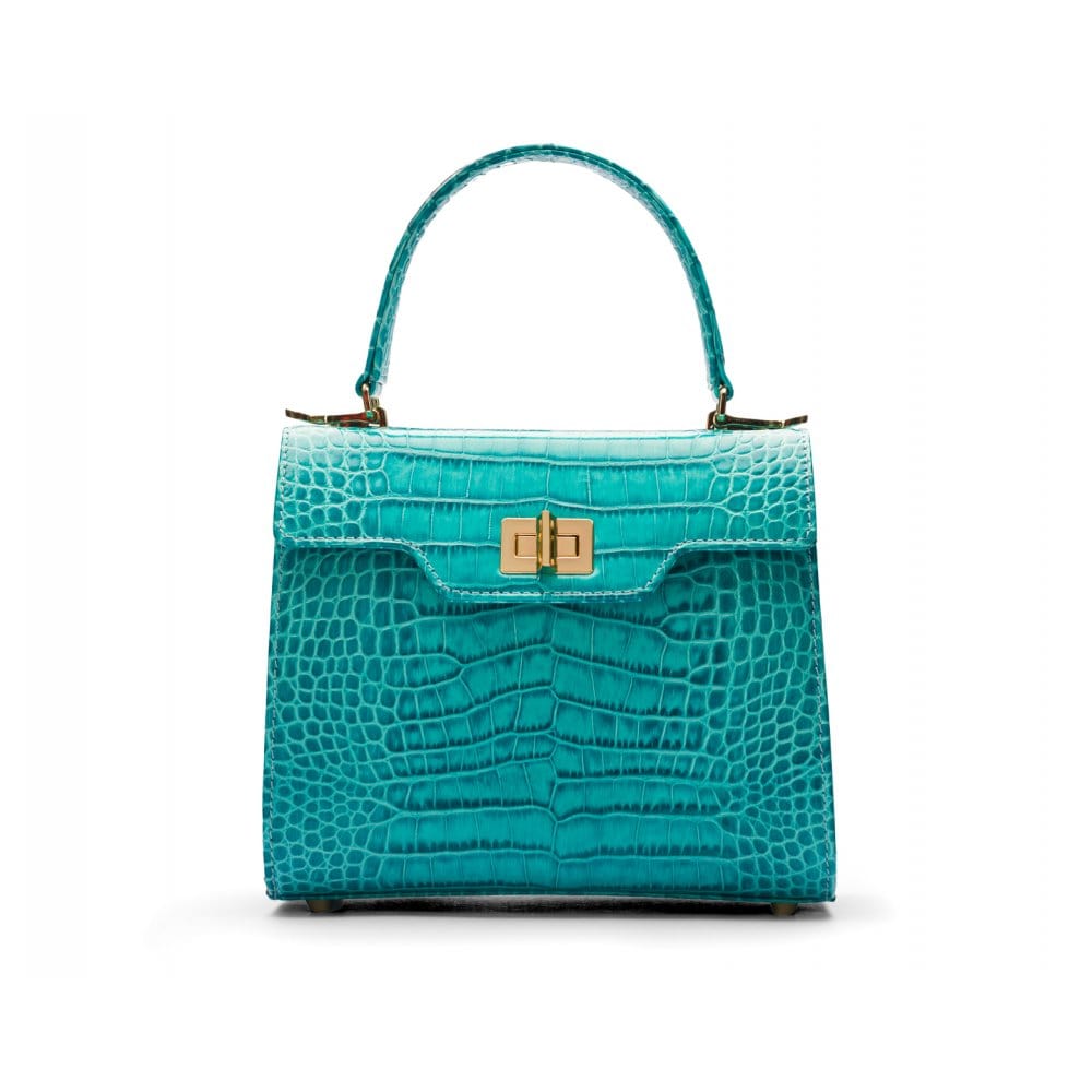 Mini leather Morgan Bag, top handle bag, turquoise croc, front view