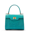 Mini leather Morgan Bag, top handle bag, turquoise croc, front view