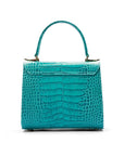 Mini leather Morgan Bag, top handle bag, turquoise croc, back view