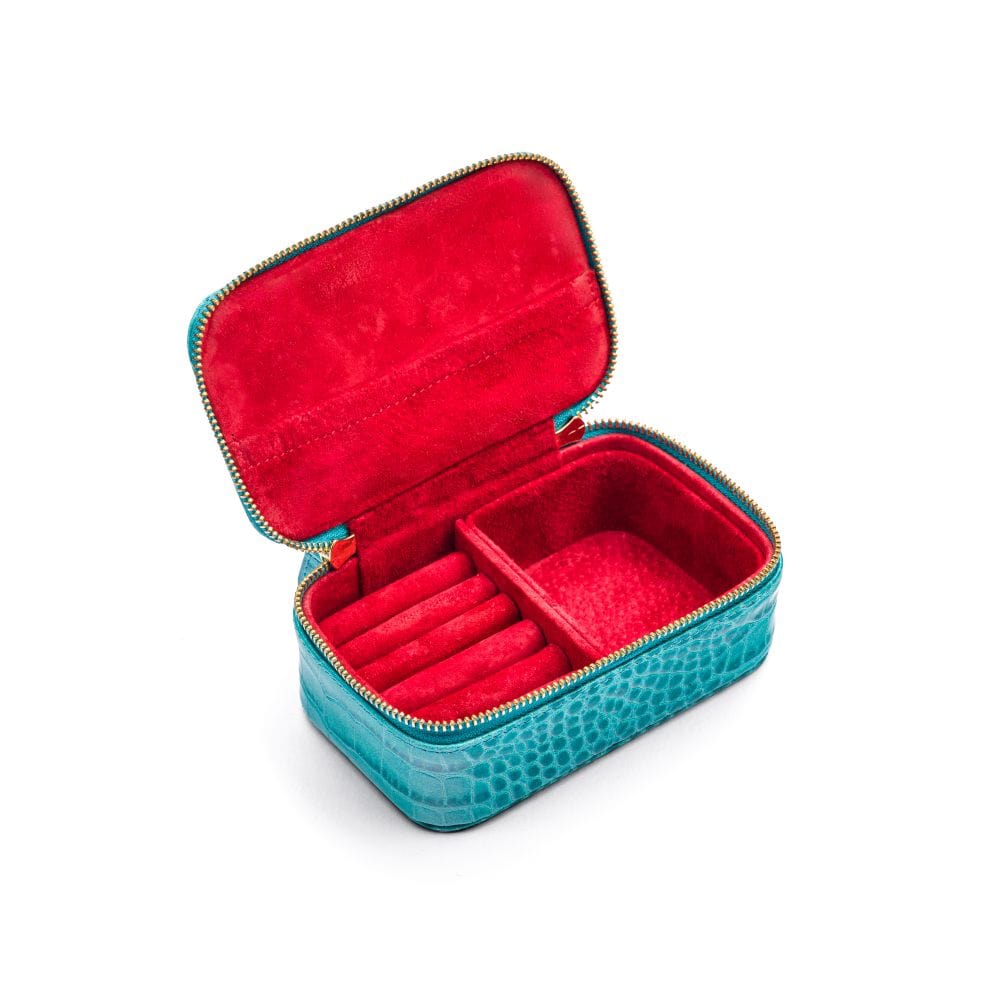 Rectangular zip around jewellery case, turquoise croc, inside