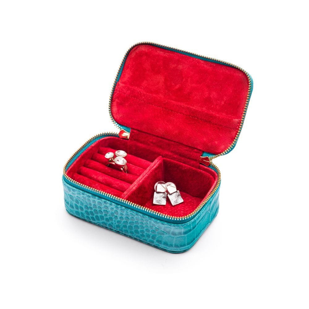 Rectangular zip around jewellery case, turquoise croc, open