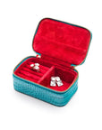 Rectangular zip around jewellery case, turquoise croc, open