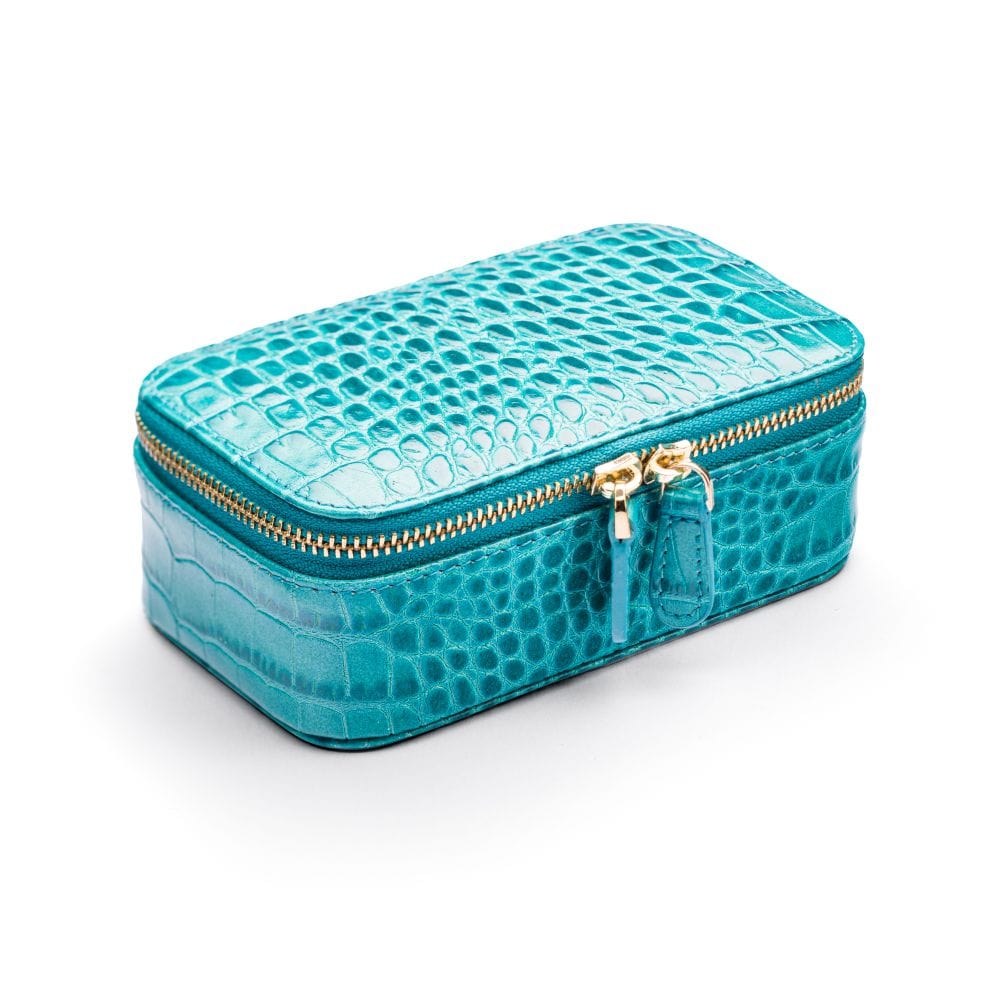 Rectangular zip around jewellery case, turquoise croc, front