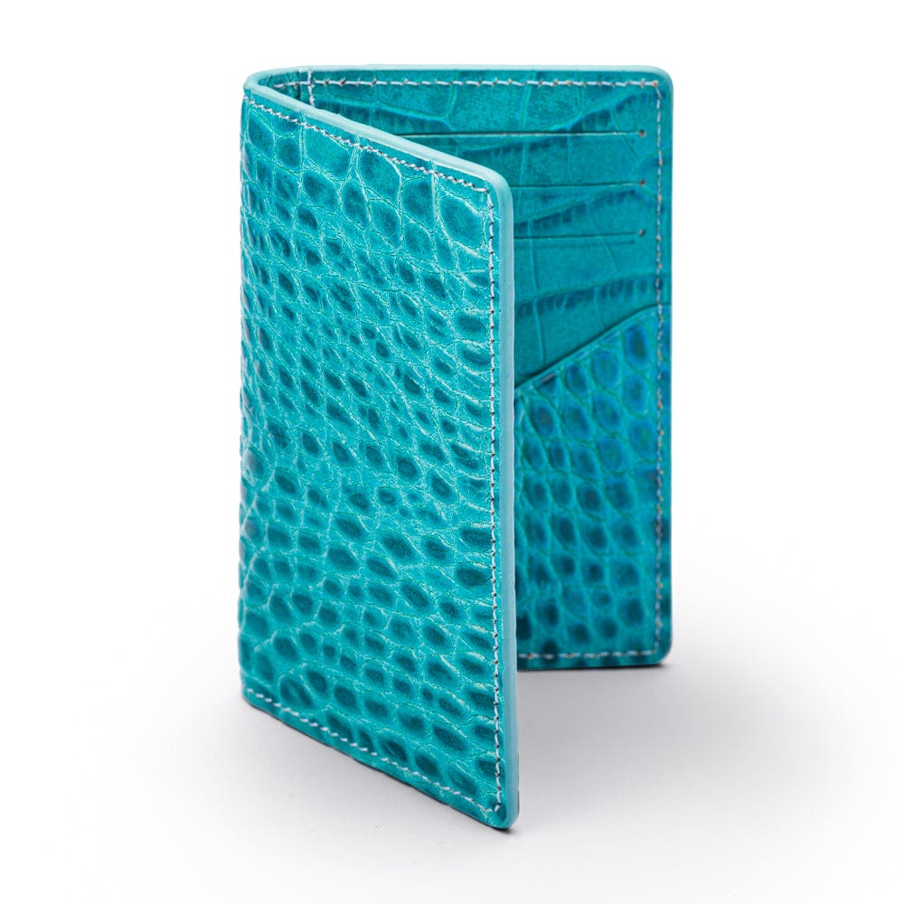Leather card holder with RFID protection, turquoise croc, front