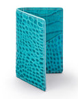 Leather card holder with RFID protection, turquoise croc, front