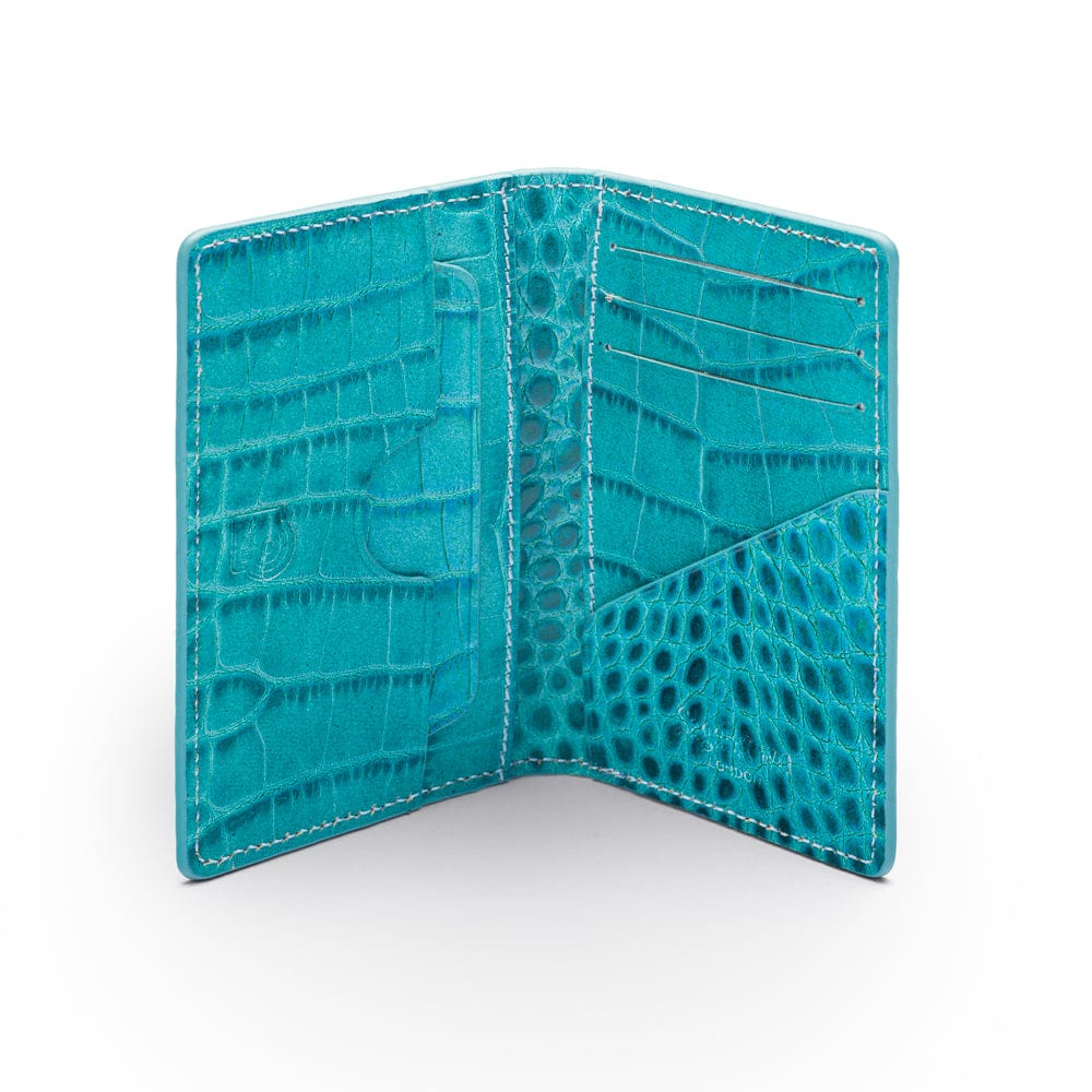 Leather card holder with RFID protection, turquoise croc, open