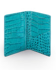 Leather card holder with RFID protection, turquoise croc, open