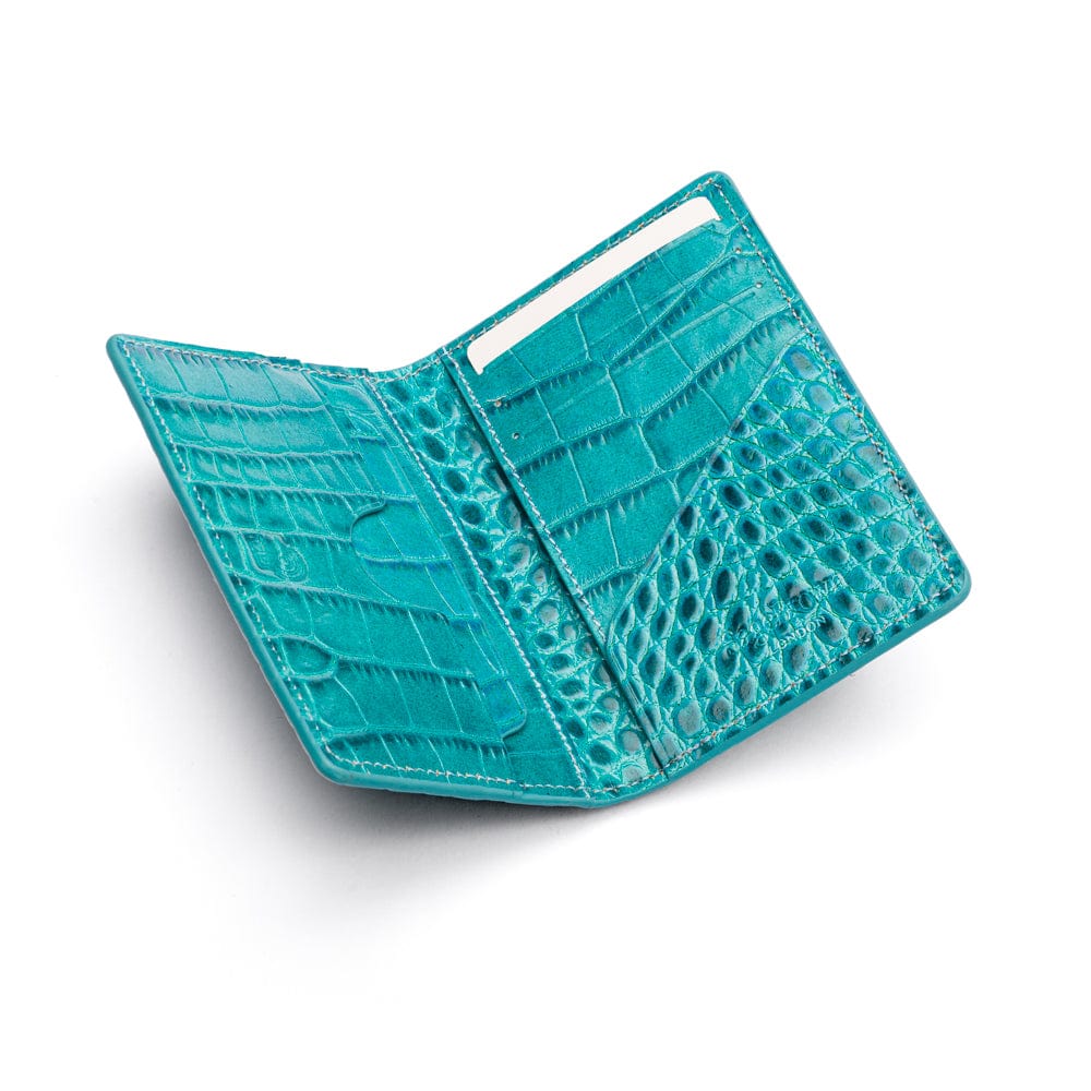 Leather card holder with RFID protection, turquoise croc, interior