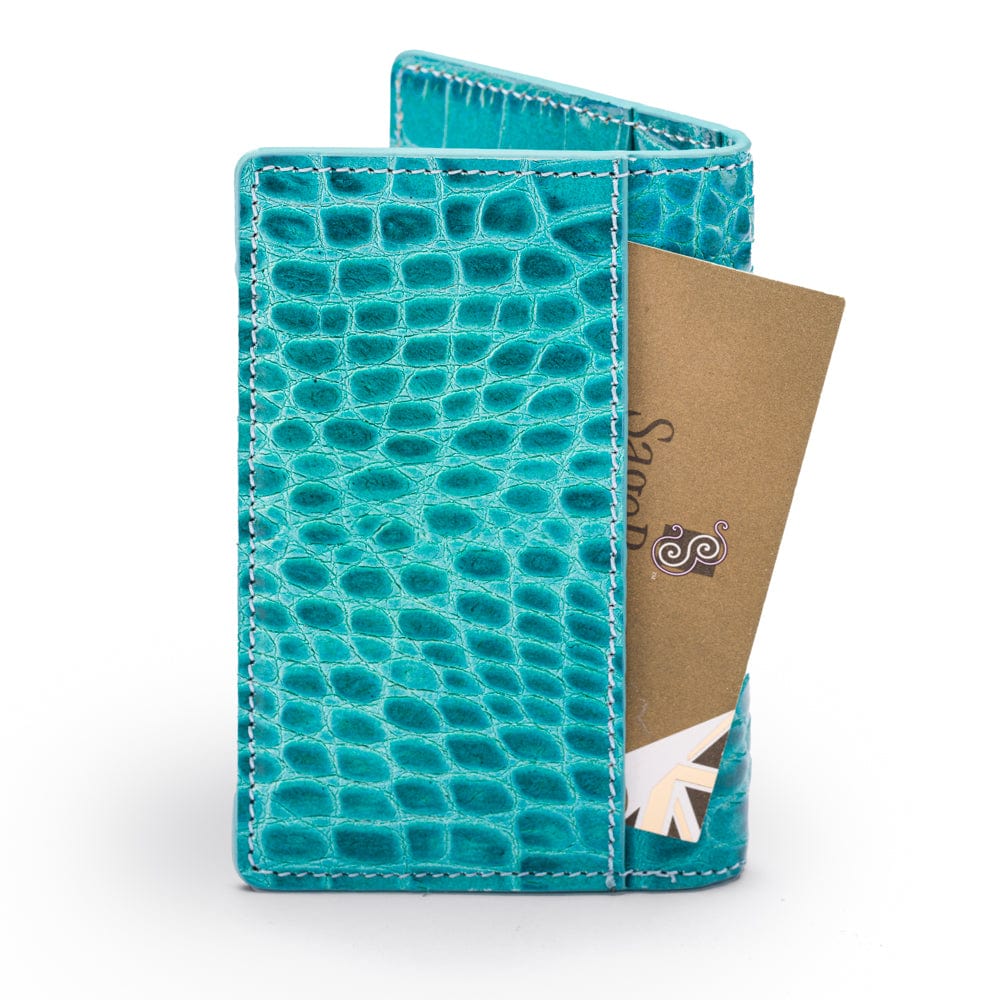 Leather card holder with RFID protection, turquoise croc, back