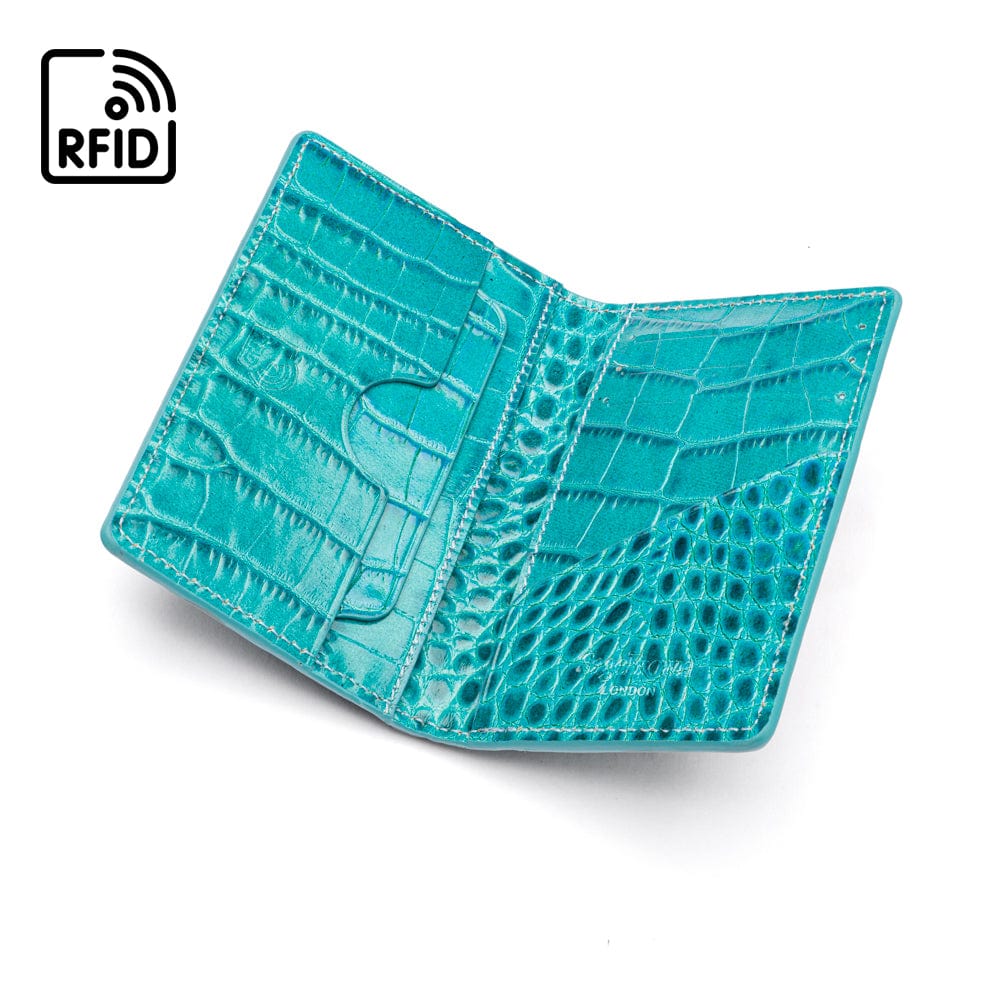 Leather card holder with RFID protection, turquoise croc, inside