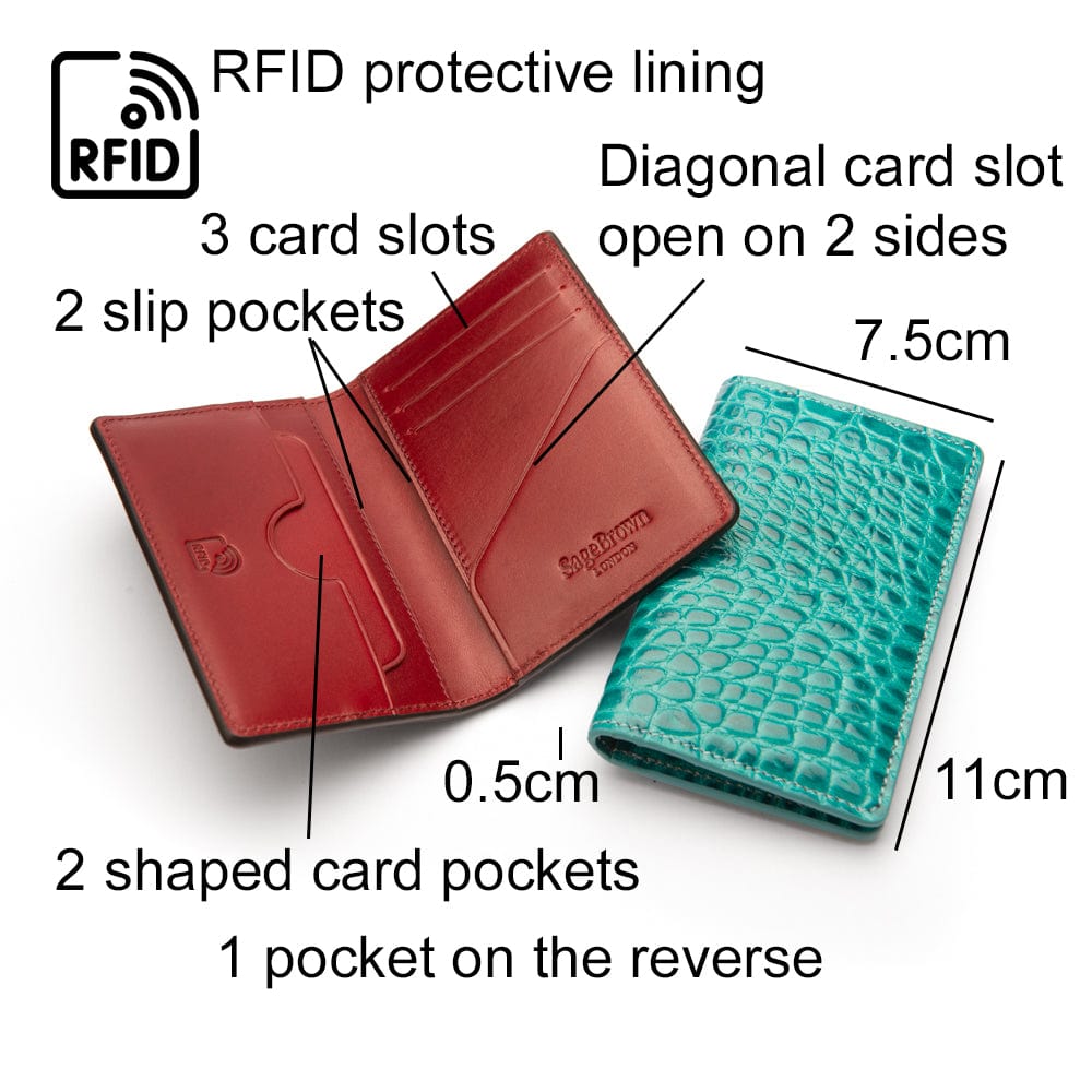 Leather card holder with RFID protection, turquoise croc, dimensions