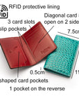 Leather card holder with RFID protection, turquoise croc, dimensions