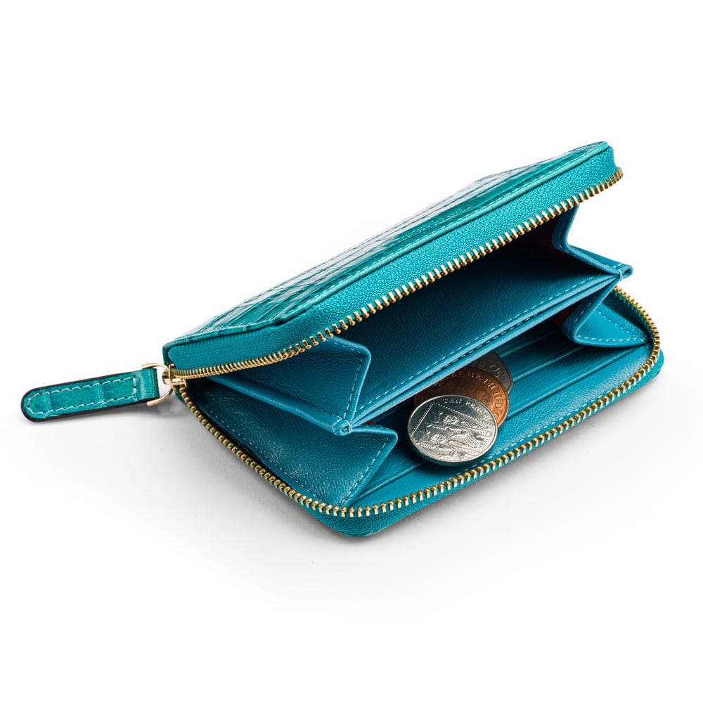 Small leather zip around accordion coin purse, turquoise croc, inside view 2