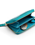 Small leather zip around accordion coin purse, turquoise croc, inside view 2