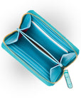 Small leather zip around accordion coin purse, turquoise croc, open view