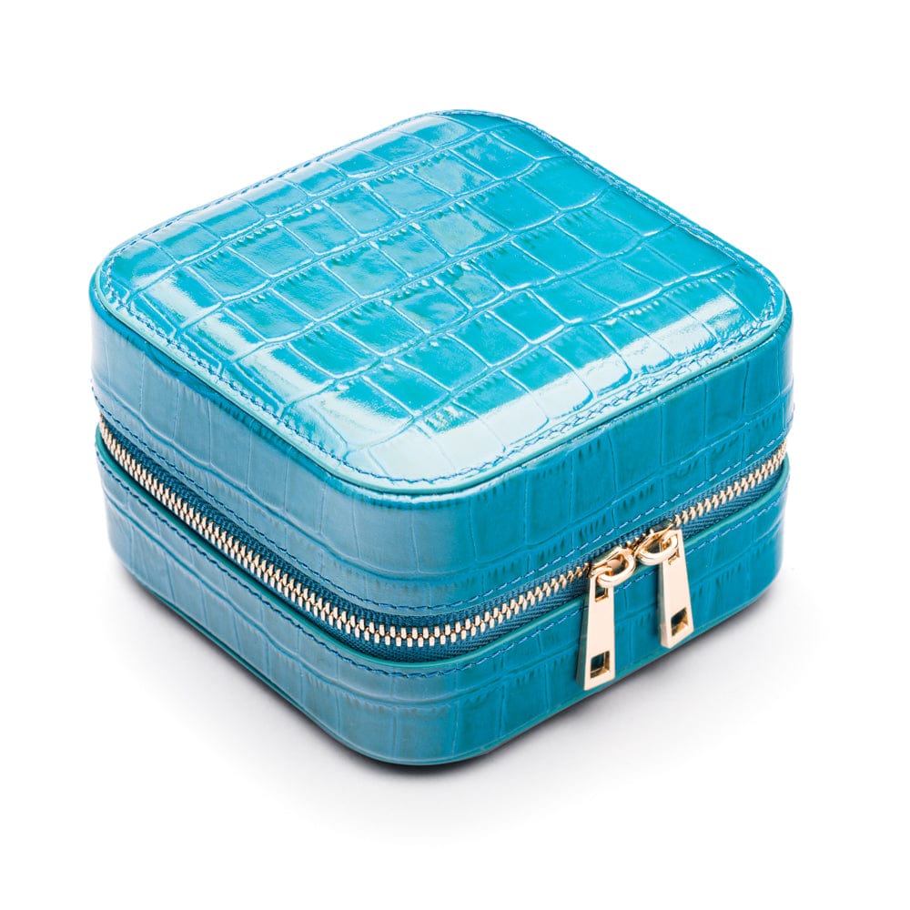 Leather travel jewellery case with zip, turquoise croc, side view
