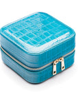 Leather travel jewellery case with zip, turquoise croc, side view