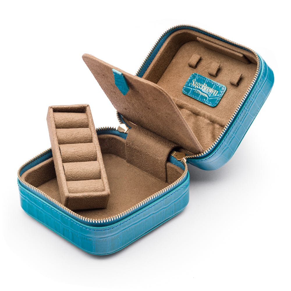 Leather travel jewellery case with zip, turquoise croc, inside view