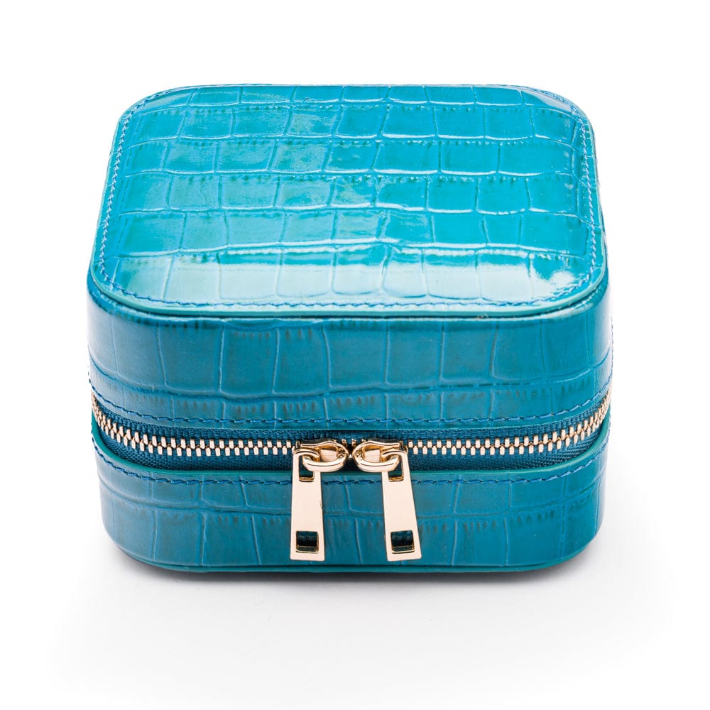 Leather travel jewellery case with zip, turquoise croc, front view