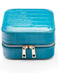 Leather travel jewellery case with zip, turquoise croc, front view