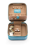 Leather travel jewellery case with zip, turquoise croc, open view