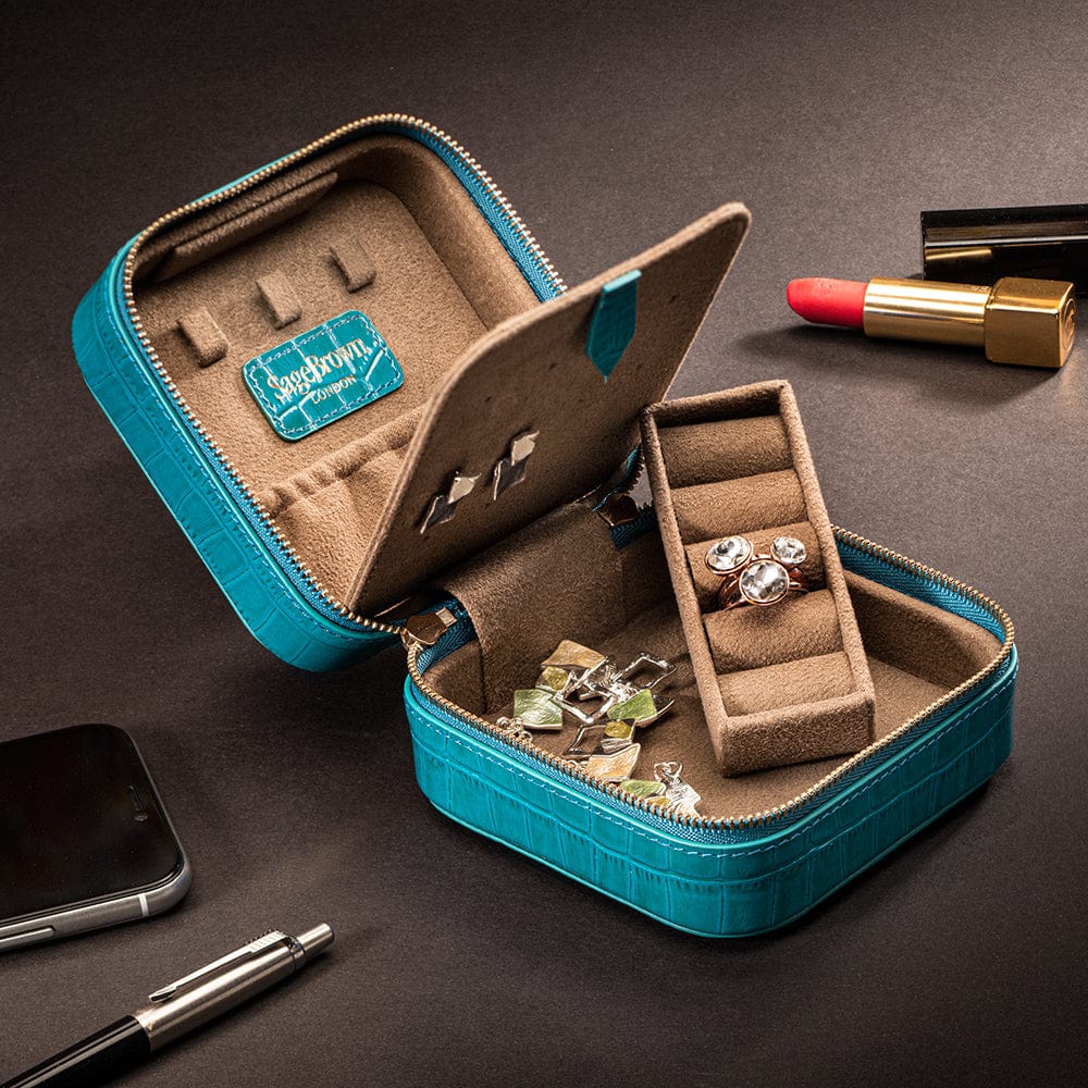 Leather travel jewellery case with zip, turquoise croc